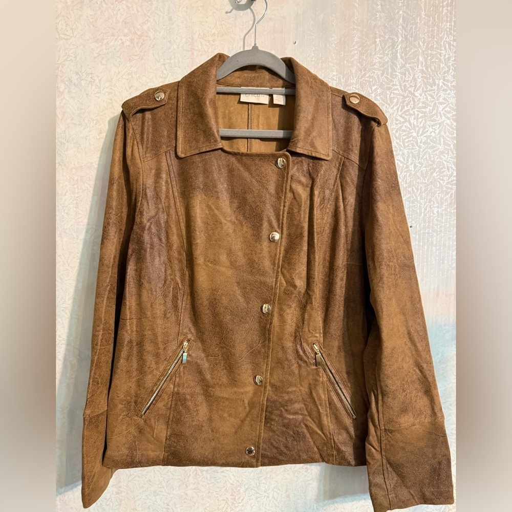 Chicos Jacket Women Medium Brown Distressed‎ Double Breasted Faux Leather Moto 2
